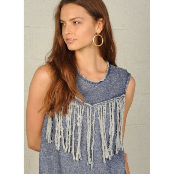 COUSIN EARL Dress Blue Terry Sleeveless Small Fringe Chest - Picture 2 of 9